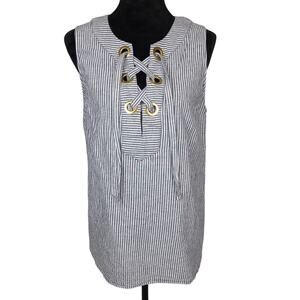 Michael Kors Women's Top Sz Large Blue White Linen Blend Boho Cottage Beach Core